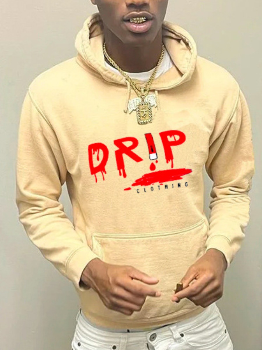 LW Men Drip Letter Print Kangaroo Pocket Hoodie