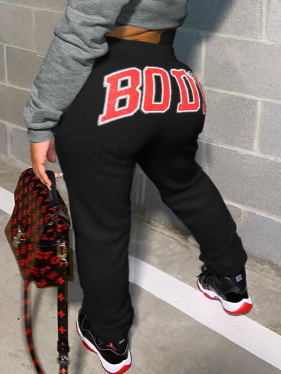 LW Plus Size Letter Print Pocket Design Sweatpants