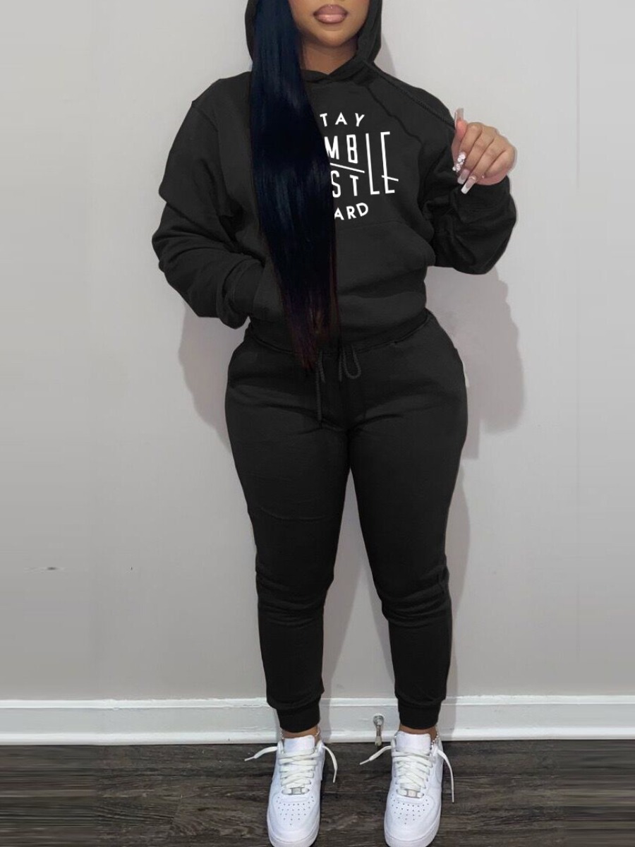 LovelyWholesale Stay Humble Letter Print Kangaroo Pocket Tracksuit Set Fall Long Sleeve Casual Lace Up Hooded Collar Spring Summer 2024