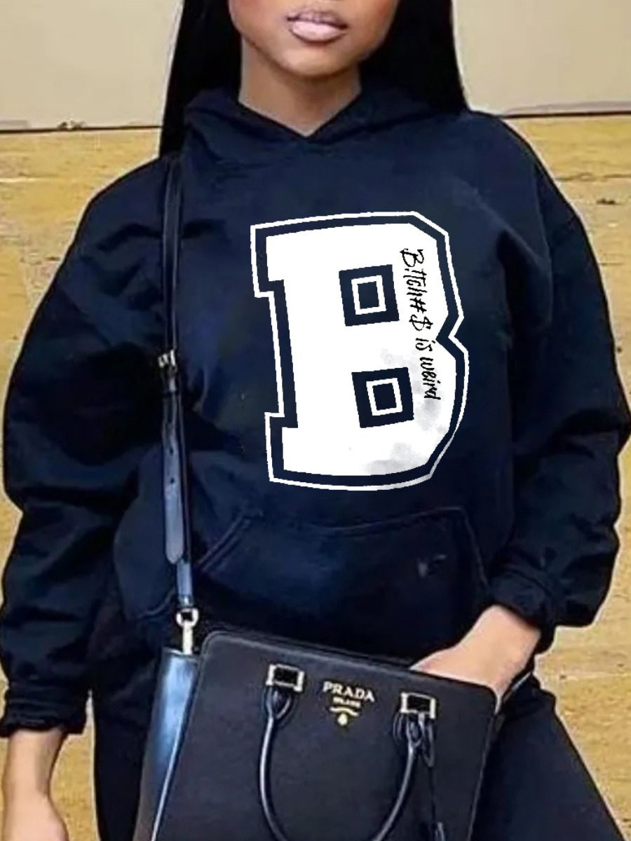 LW Plus Size Letter Print Kangaroo Pocket Hoodie