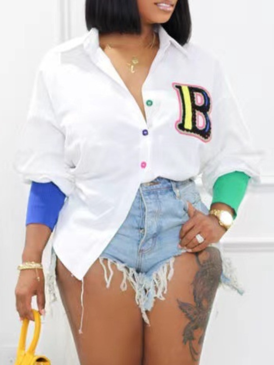 LovelyWholesale Plus Size Letter Decor Patchwork Shirt Spring|Fall Casual Basic POLO Collar  5X Spring Summer 2024