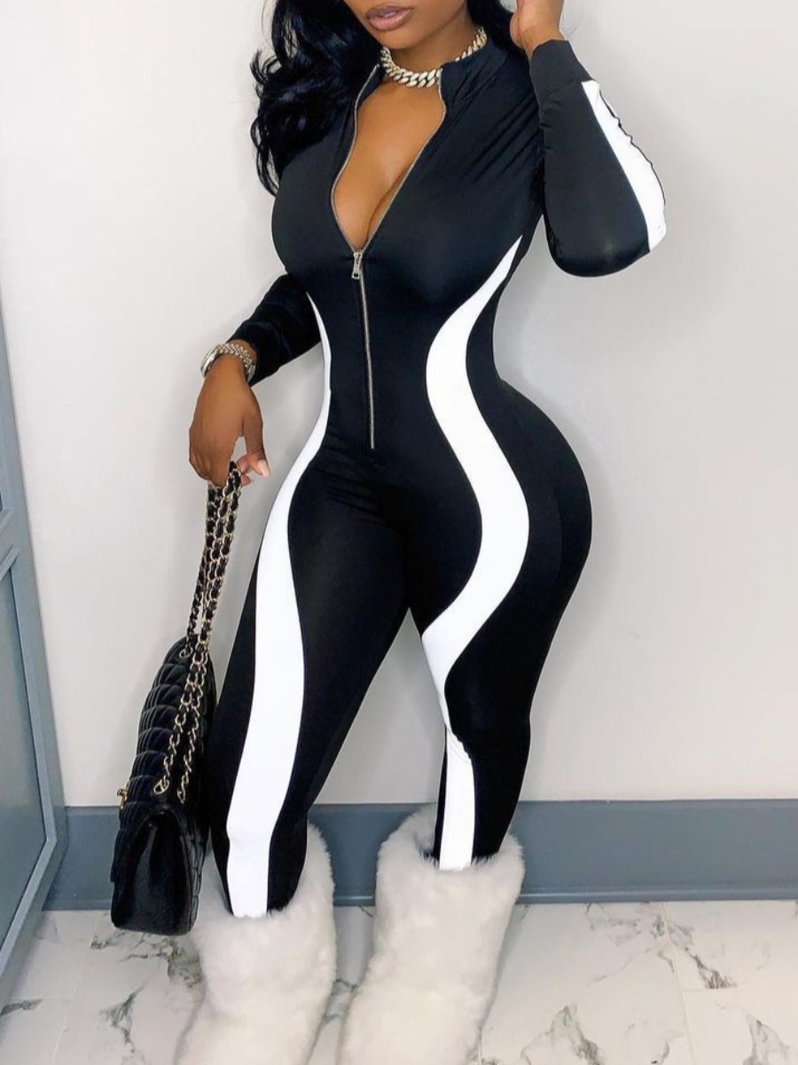 LovelyWholesale Plus Size Striped Zipper Design Jumpsuit Fall Long Sleeve Casual Basic V Neck  5X Spring Summer 2024