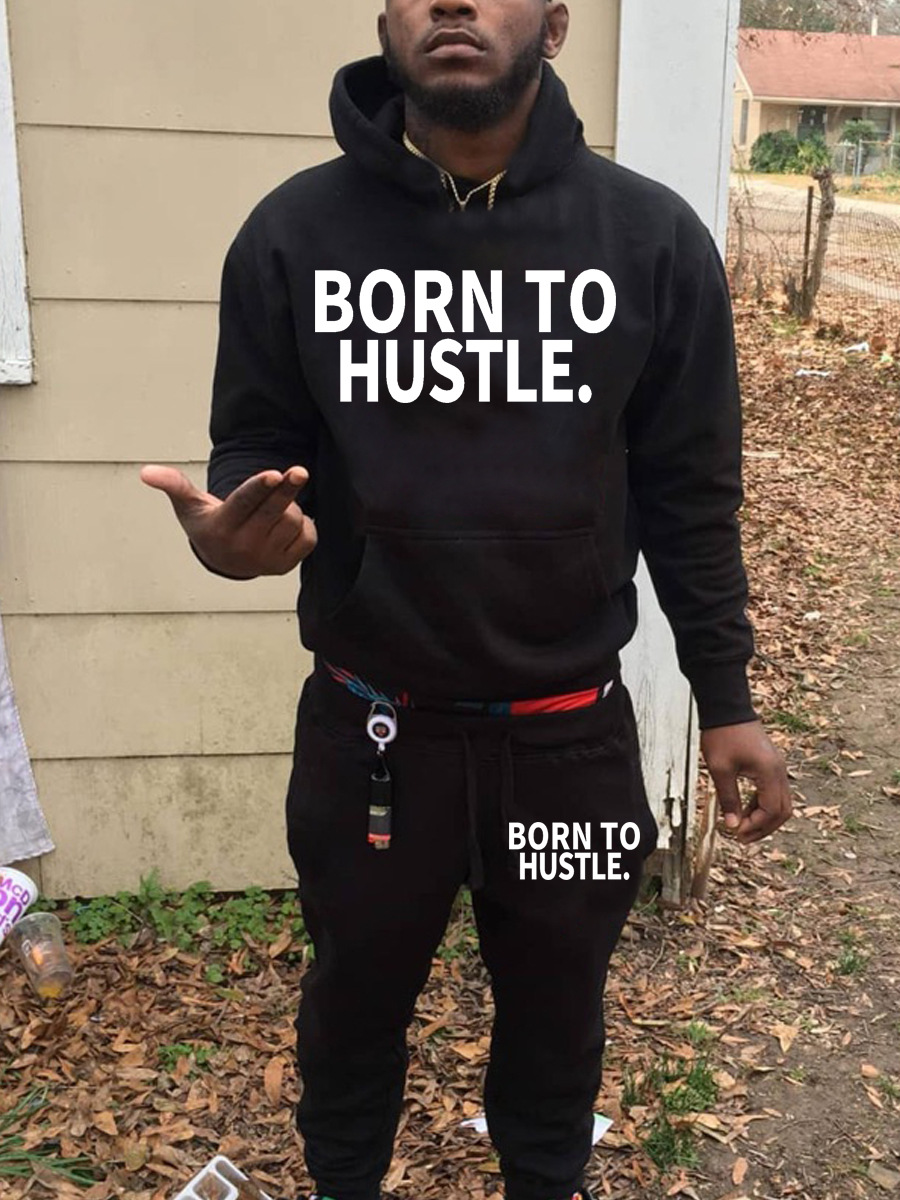 LW Men Born To Hustle Letter Print Kangaroo Pocket Tracksuit Set