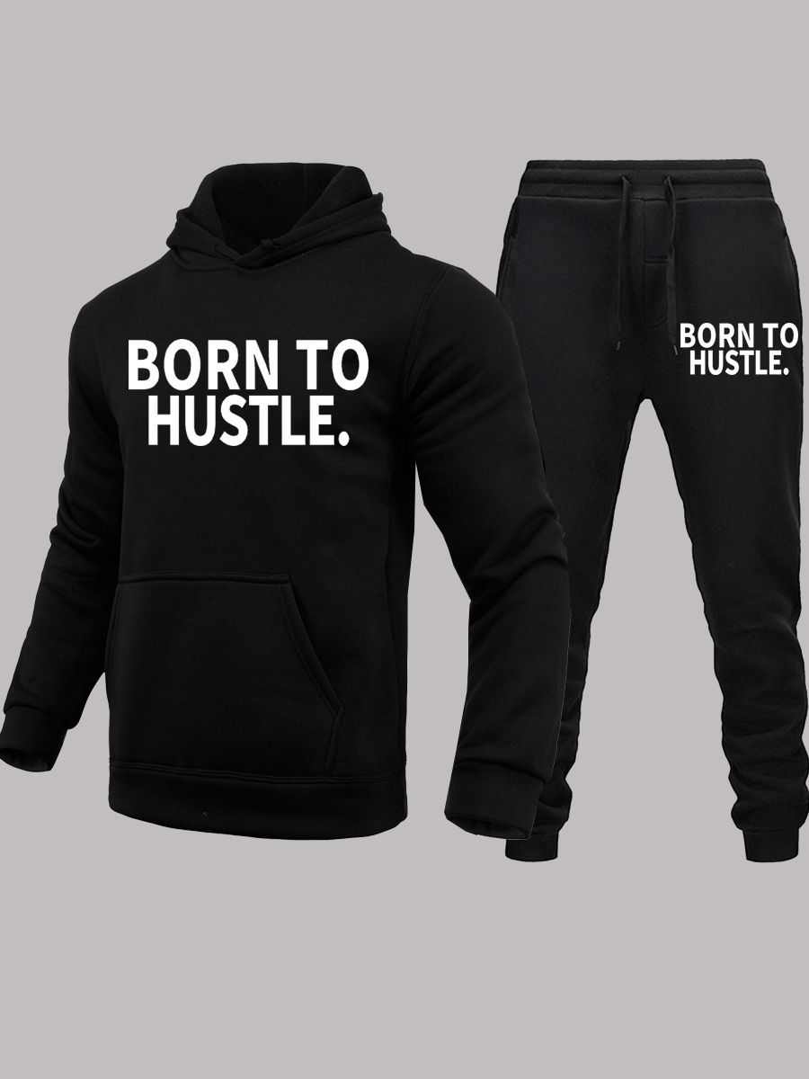 LW Men Born To Hustle Letter Print Kangaroo Pocket Tracksuit Set