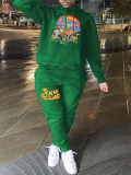 LW Plus Size Cartoon Letter Print Kangaroo Pocket Tracksuit Set