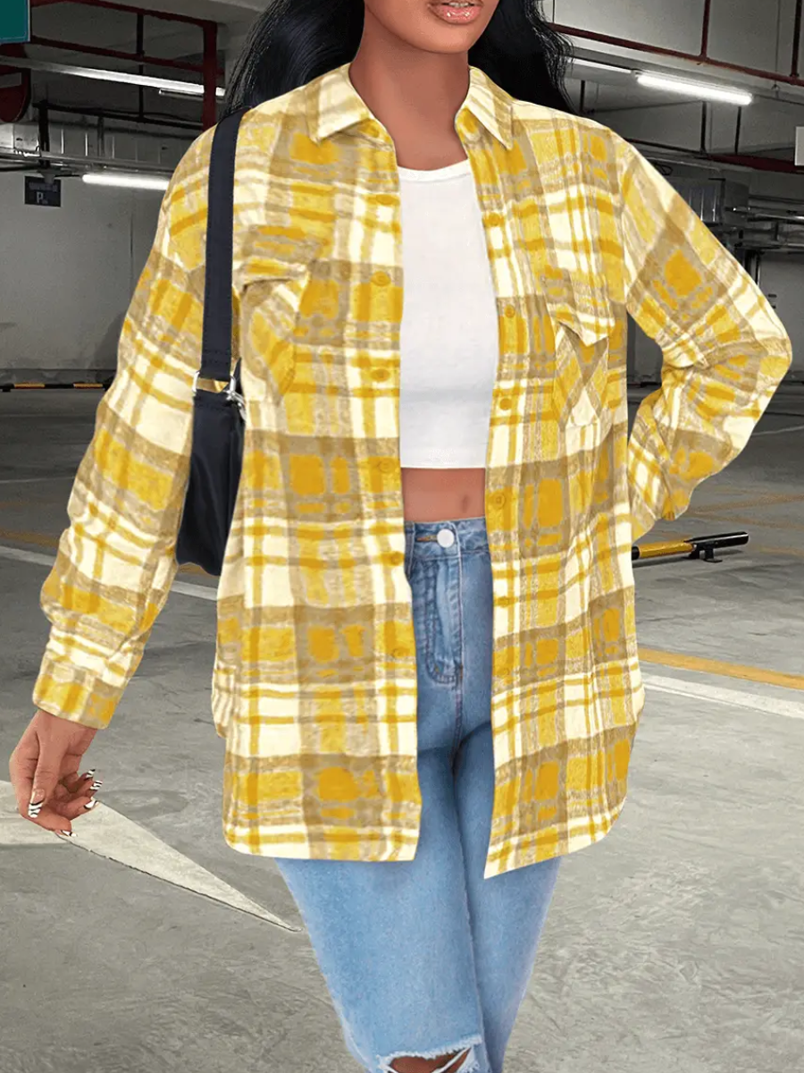 LW COTTON Plaid Print Pocket Design Coat