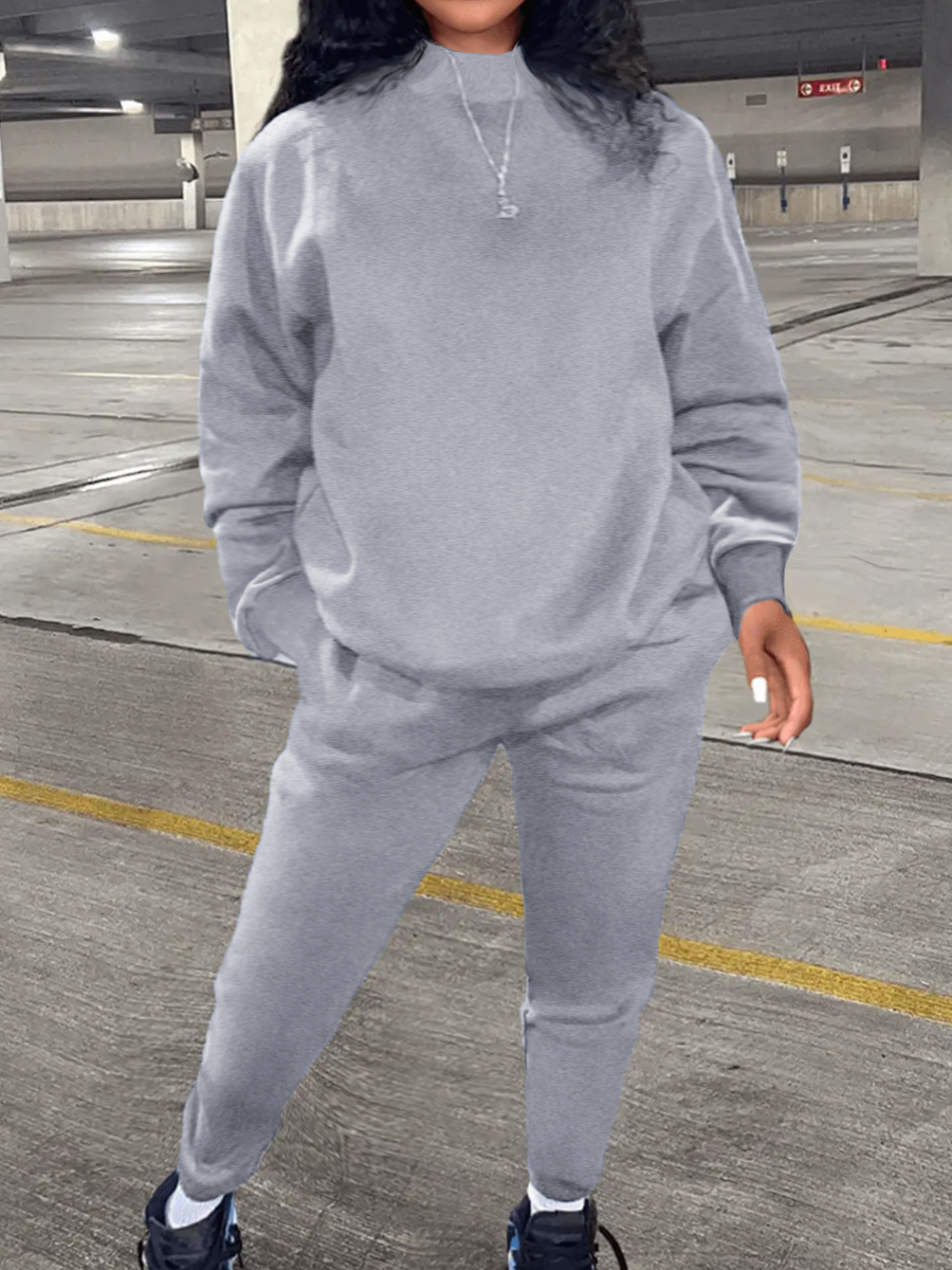 LW BASICS Round Neck Drawstring Oversized Pants Set