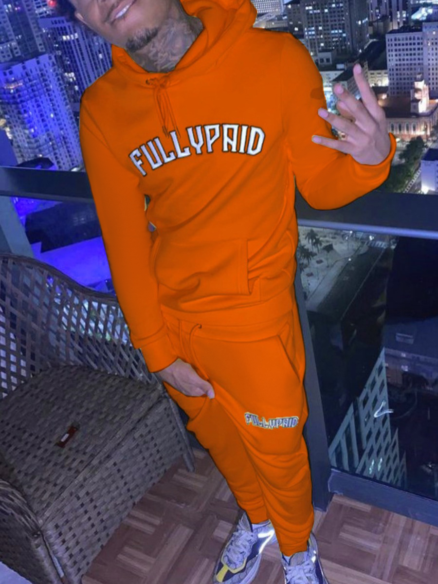 LW Men Letter Print Kangaroo Pocket Tracksuit Set