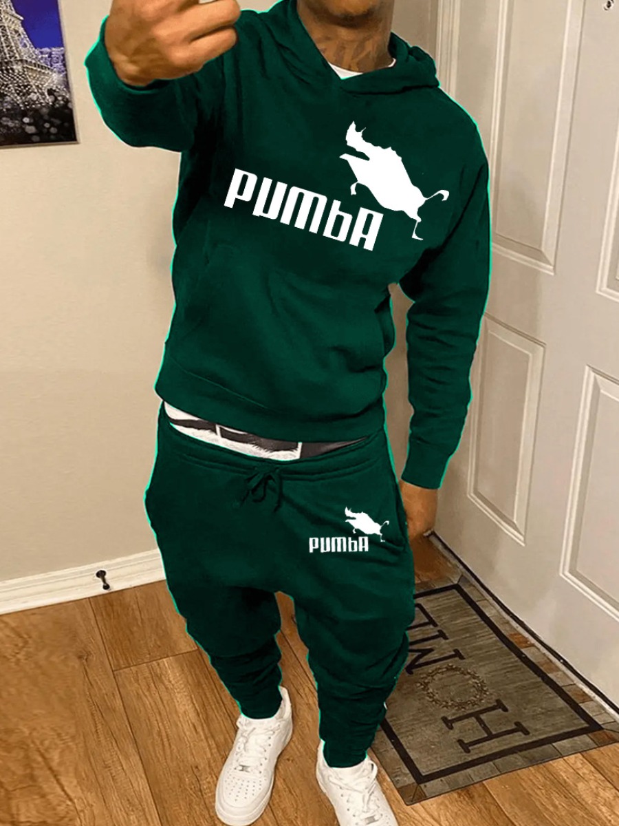 LW Men Letter Print Kangaroo Pocket Tracksuit Set