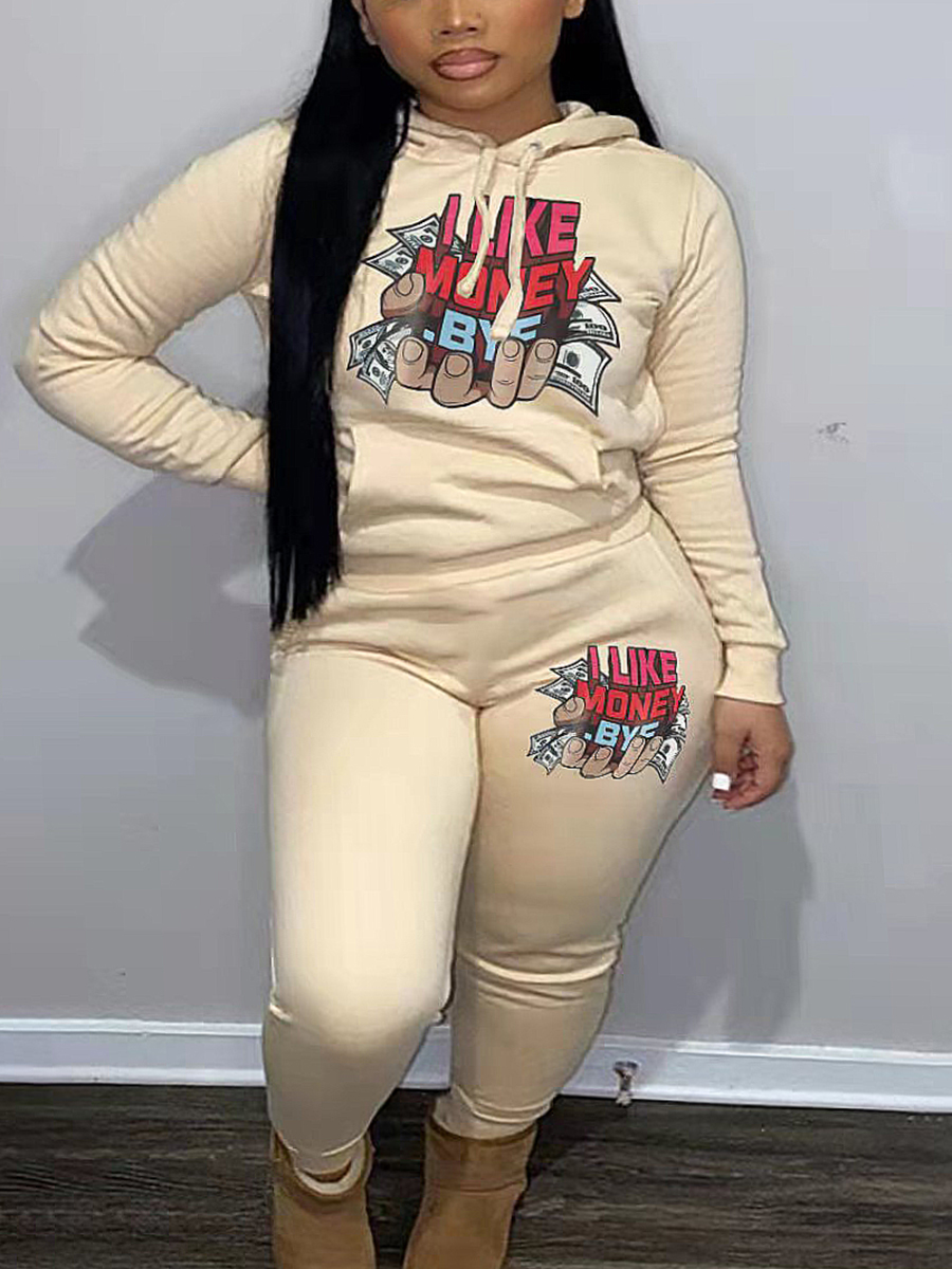 LW Plus Size Money Letter Print Kangaroo Pocket Tracksuit Set