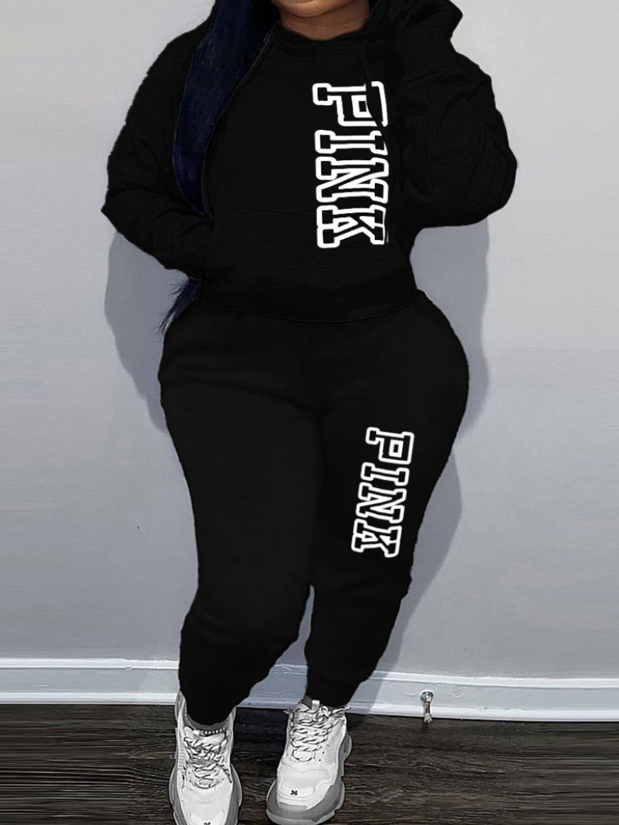 LW Pink Letter Print Kangaroo Pocket Tracksuit Set