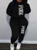 LW Pink Letter Print Kangaroo Pocket Tracksuit Set