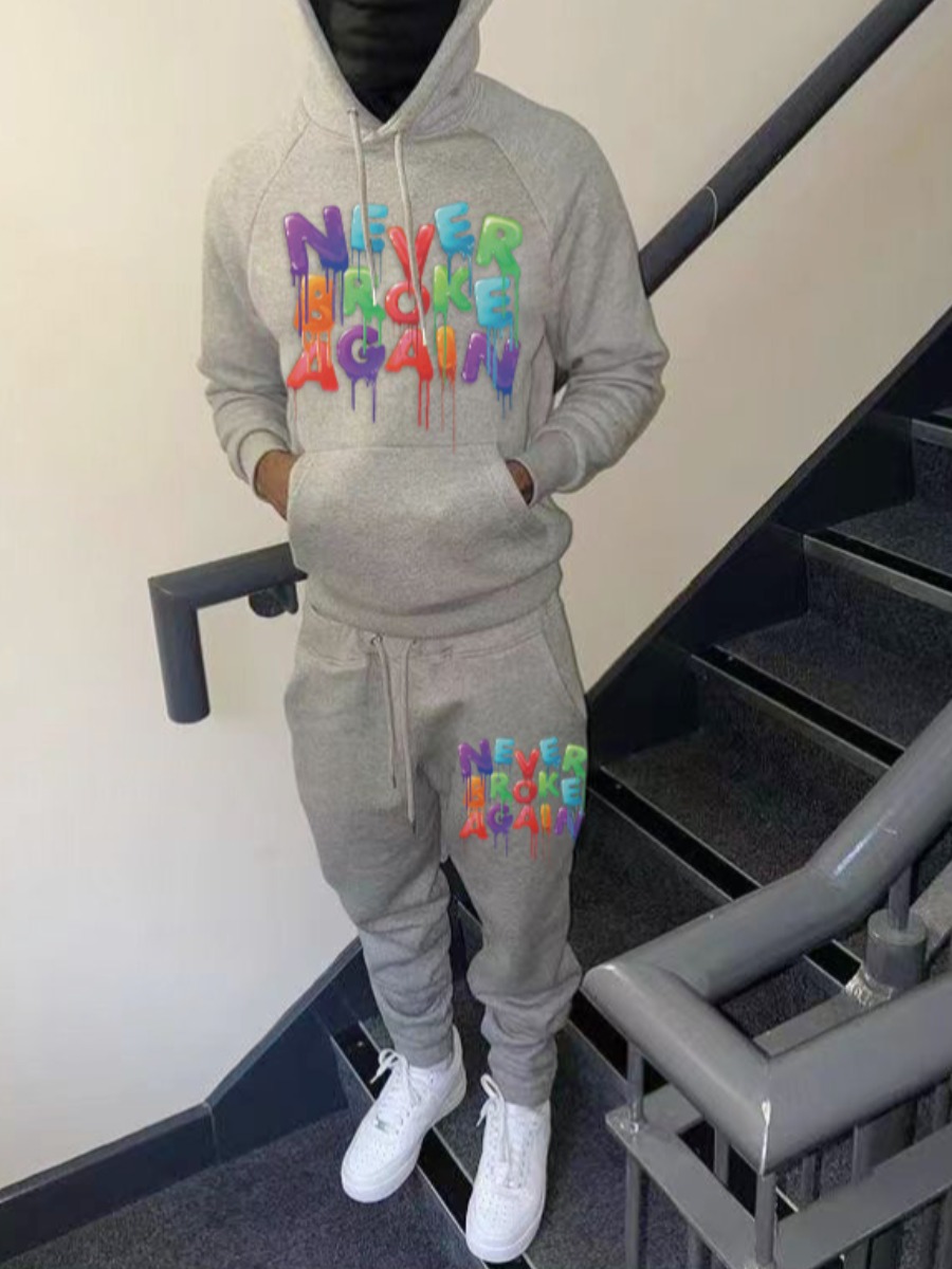 LovelyWholesale Men Letter Print Kangaroo Pocket Tracksuit Set Fall Long Sleeve Casual Graffiti Element Hooded Collar Spring Summer 2024