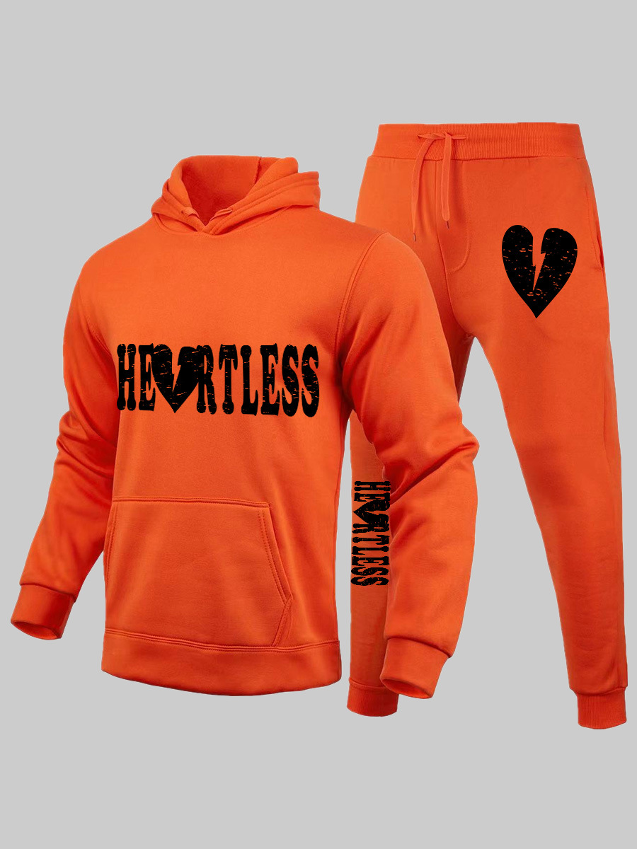 LW Men Broken Heart Letter Print Kangaroo Pocket Tracksuit Set