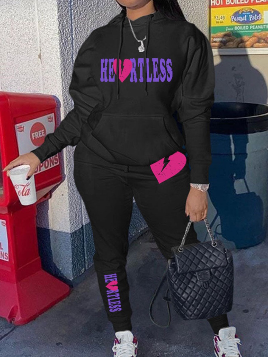 LovelyWholesale Plus Size Broken Heart Letter Print Tracksuit Set Fall Long Sleeve Casual Hooded Collar  5X Spring Summer 2024