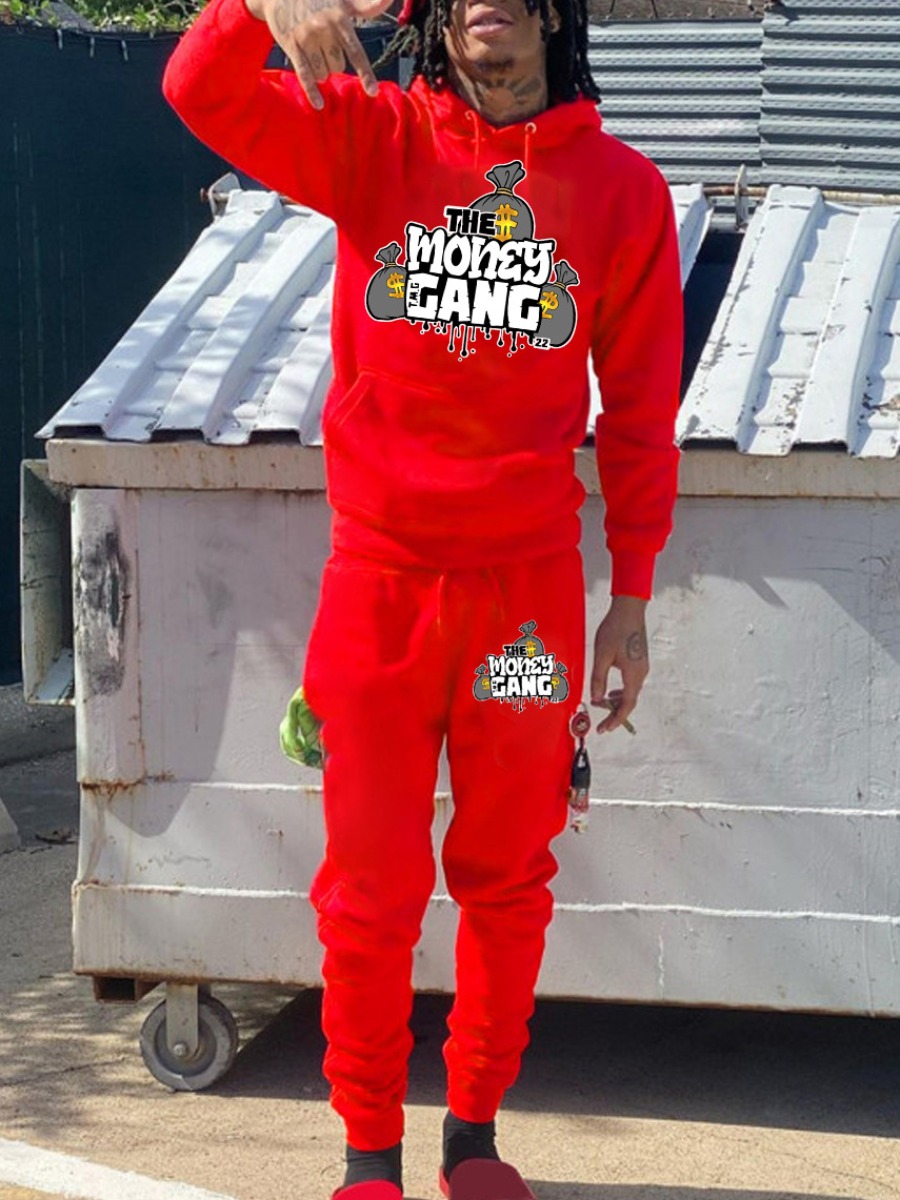 LW Men Money Letter Print Kangaroo Pocket Tracksuit Set