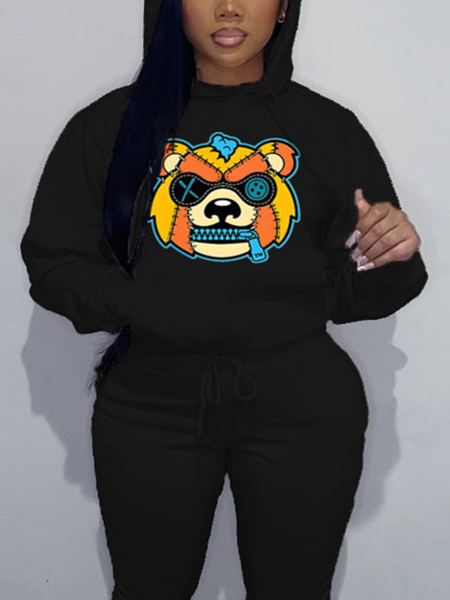 LW Plus Size Cartoon Print Kangaroo Pocket Hoodie