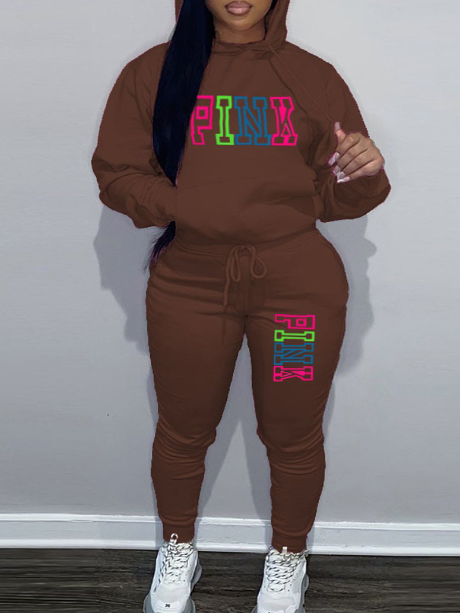 LovelyWholesale Plus Size Pink Letter Print Tracksuit Set Fall Long Sleeve Casual Hooded Collar  5X Spring Summer 2024