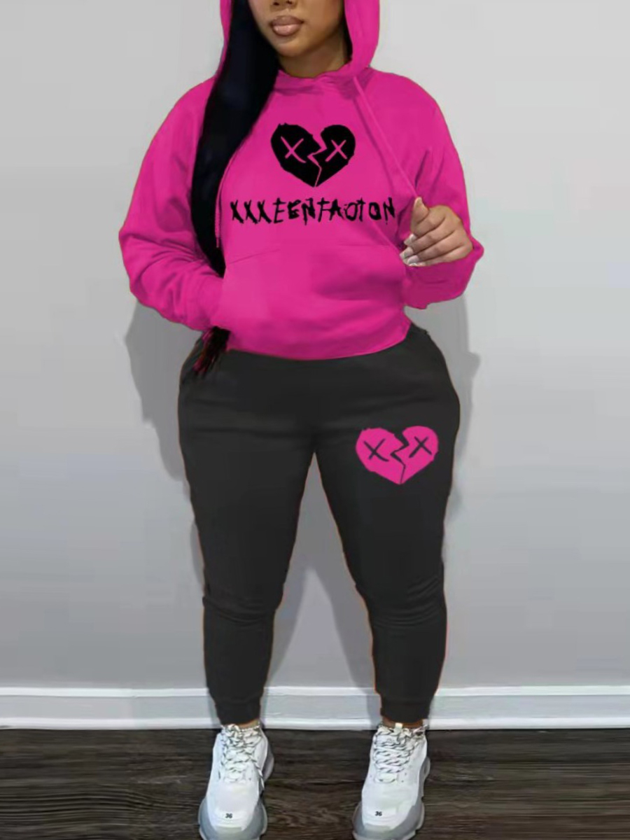 LW Plus Size Fleece Letter Print Kangaroo Pocket Tracksuit Set