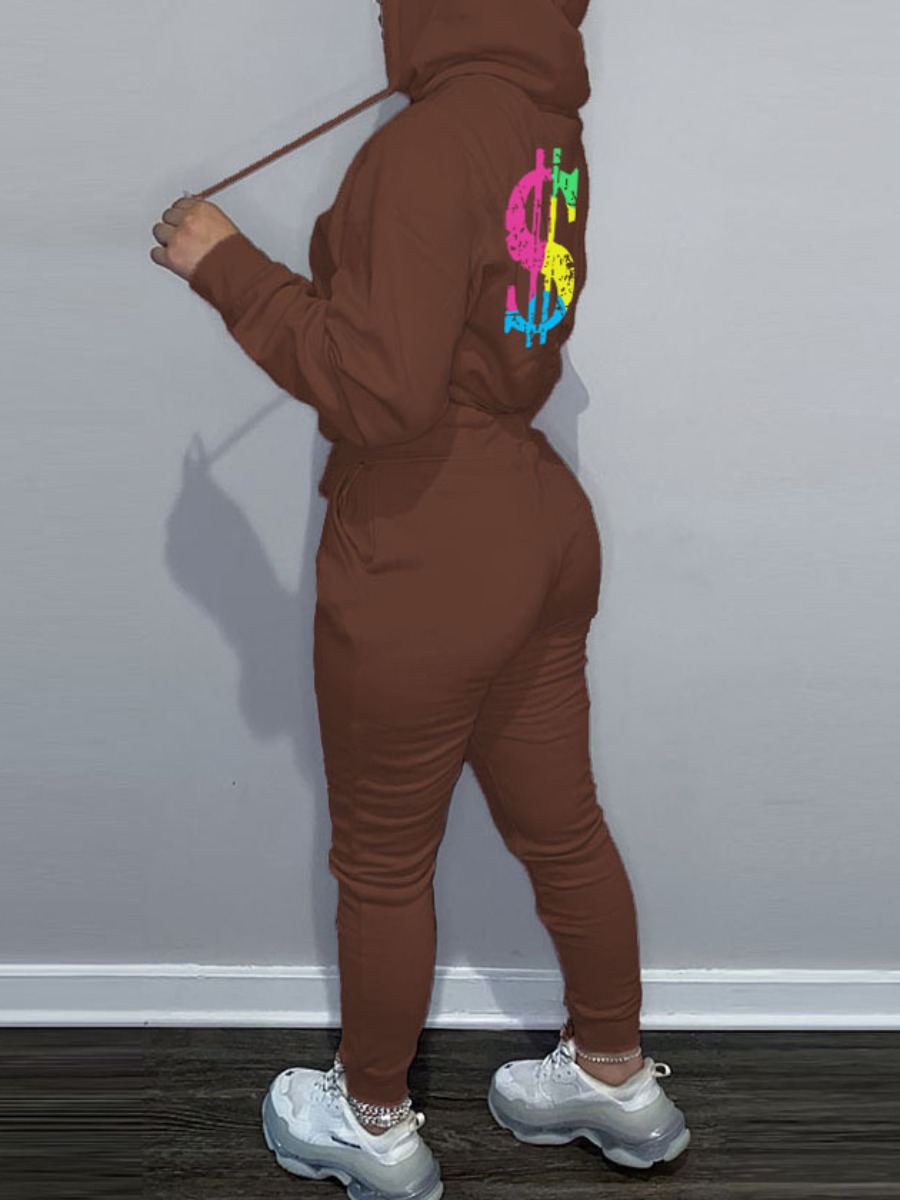 LW Dollar Sign Print Kangaroo Pocket Tracksuit Set