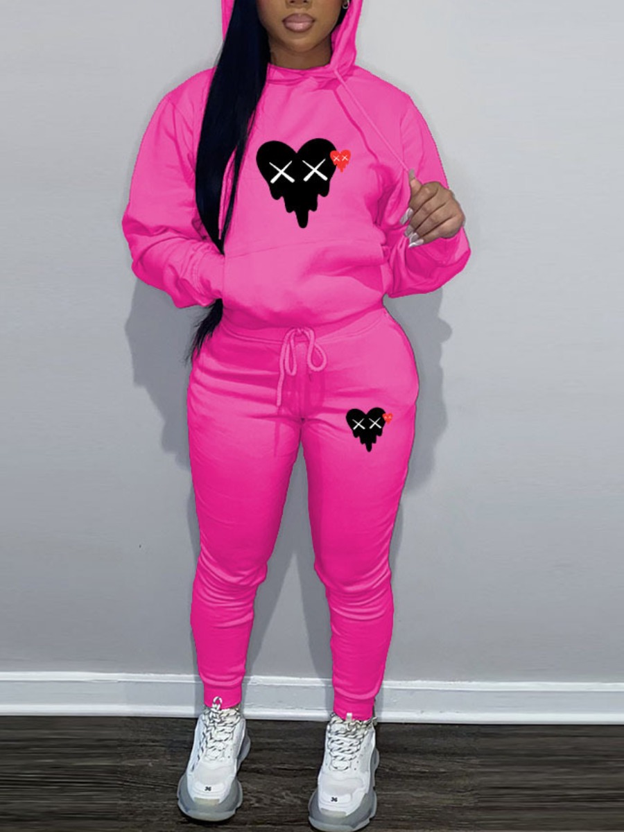 LW Heart Print Kangaroo Pocket Tracksuit Set