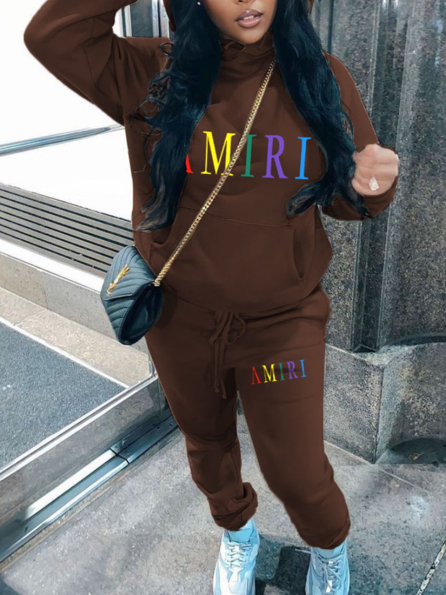 LovelyWholesale Plus Size Letter Print Kangaroo Pocket Tracksuit Set Fall Long Sleeve Casual Hooded Collar  5X Spring Summer 2024