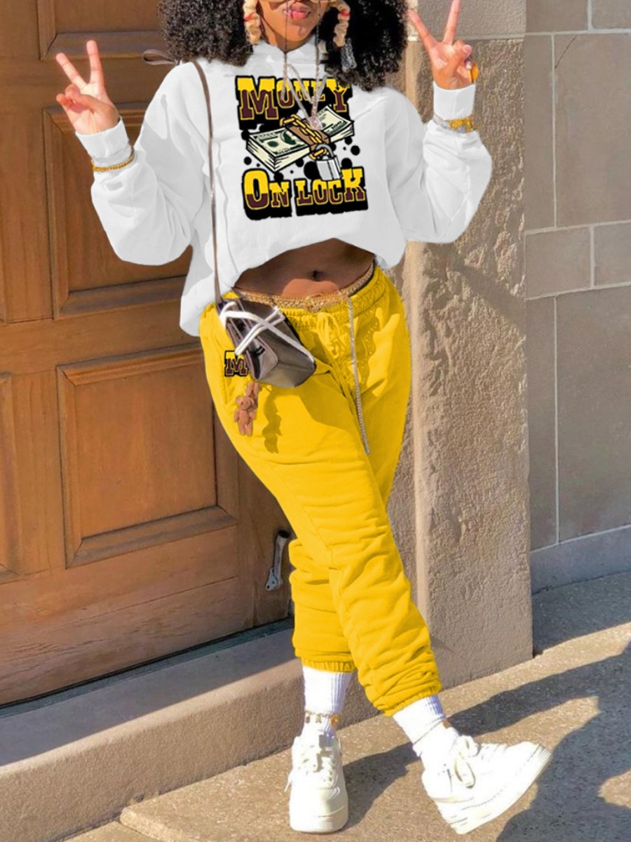 LovelyWholesale Slogan Letter Money Print Tracksuit Set Fall Long Sleeve Casual Hooded Collar Spring Summer 2024