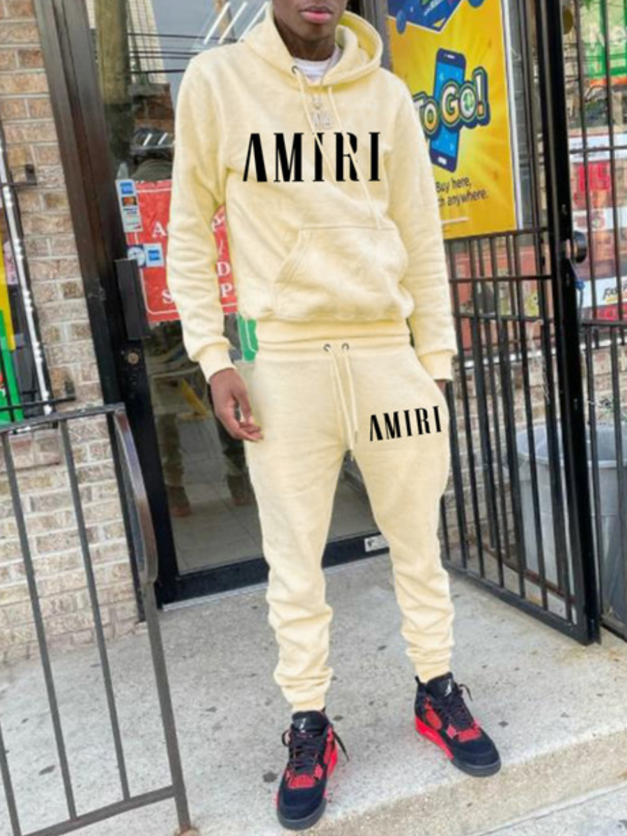 LW Men Letter Print Kangaroo Pocket Tracksuit Set