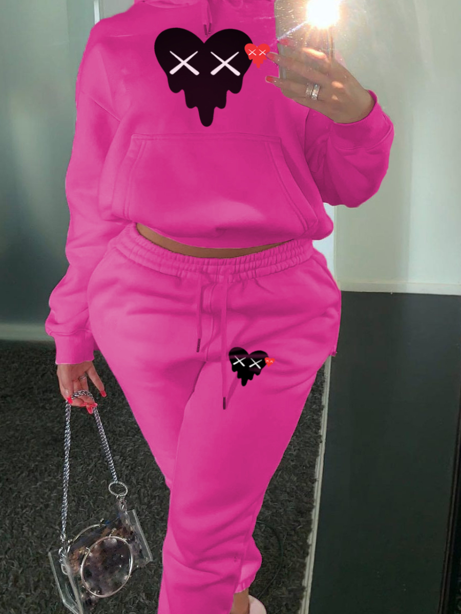 LovelyWholesale Plus Size Heart Print Kangaroo Pocket Tracksuit Set Fall Long Sleeve Casual Hooded Collar  5X Spring Summer 2024