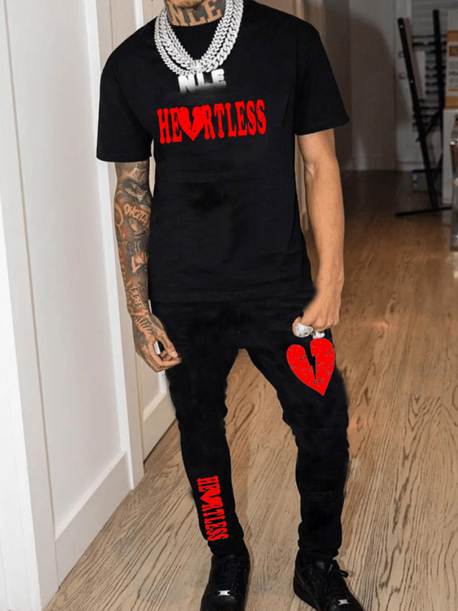 LovelyWholesale Men Broken Heart Letter 3D Print Pants Set Fall Casual Spring Summer 2024