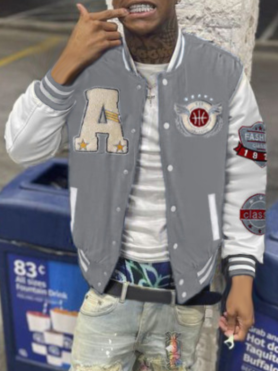LovelyWholesale Men Letter Decor Striped Varsity Jacket Fall Casual Mandarin Collar Spring Summer 2024
