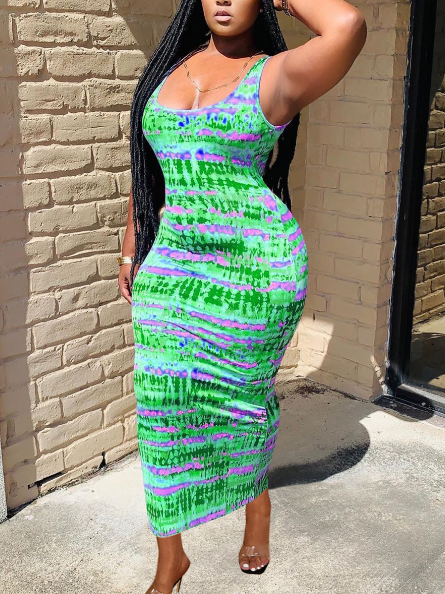 LovelyWholesale Bohemian Tie-dye Bandage Design Green Maxi Dress Summer Sleeveless Vacation Drawstring U Neck Spring Summer 2024