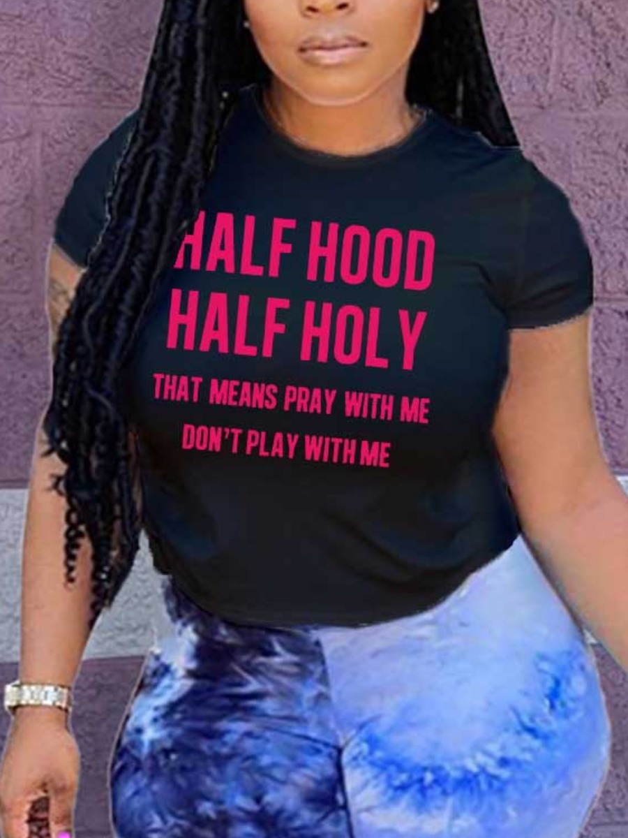 LovelyWholesale COTTON Half Holy Letter Print T-shirt Summer Short Sleeve Casual Round Neck Spring Summer 2024