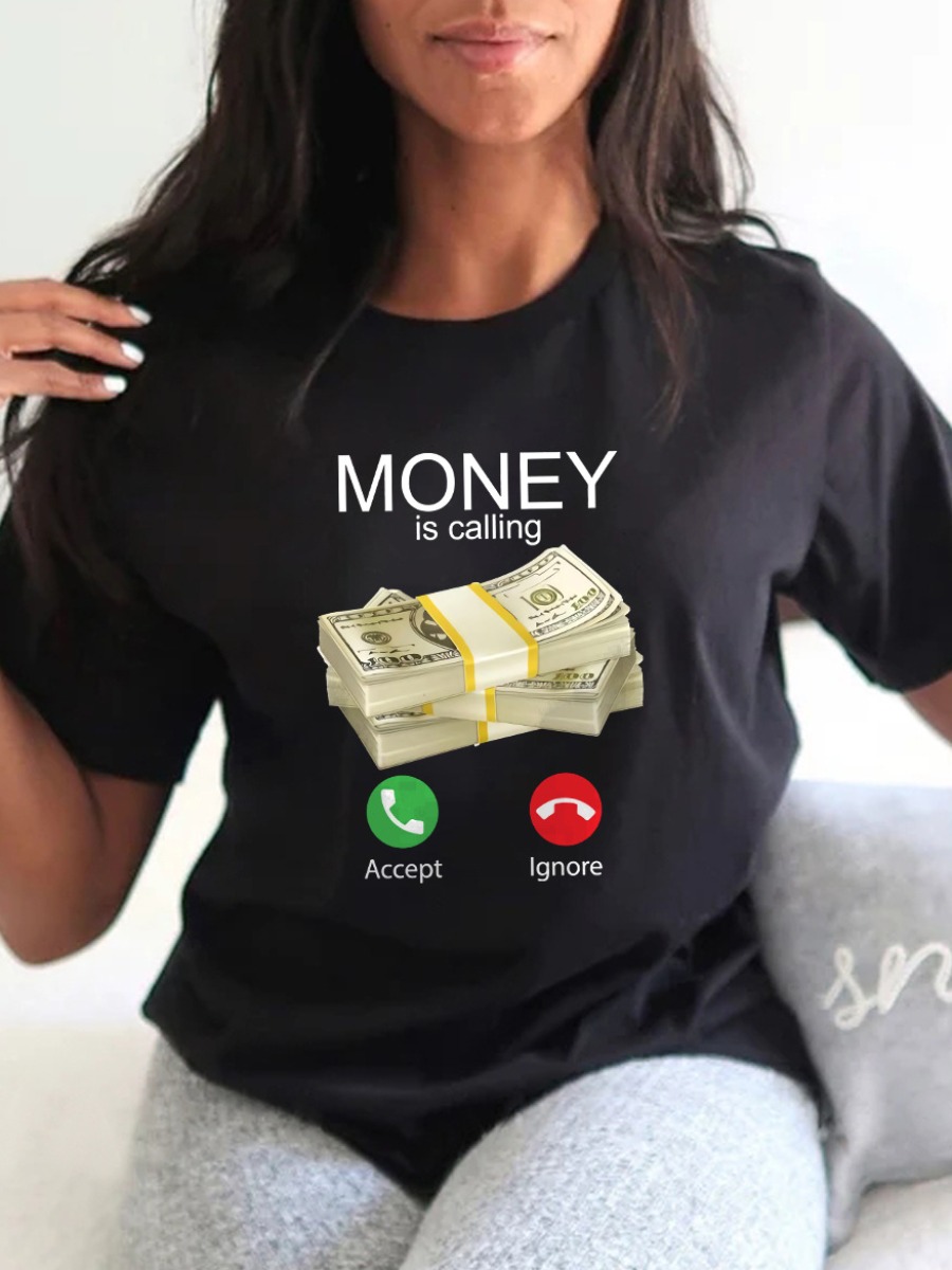 LovelyWholesale Money Letter Print T-shirt Summer Short Sleeve Casual Basic Round Neck Spring Summer 2024