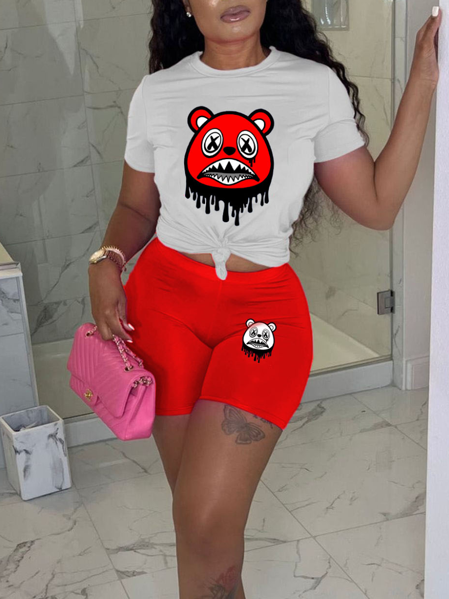LovelyWholesale Cartoon Print Regular Fit Stretchy Shorts Set Summer Short Sleeve Stylish Round Neck Spring Summer 2024