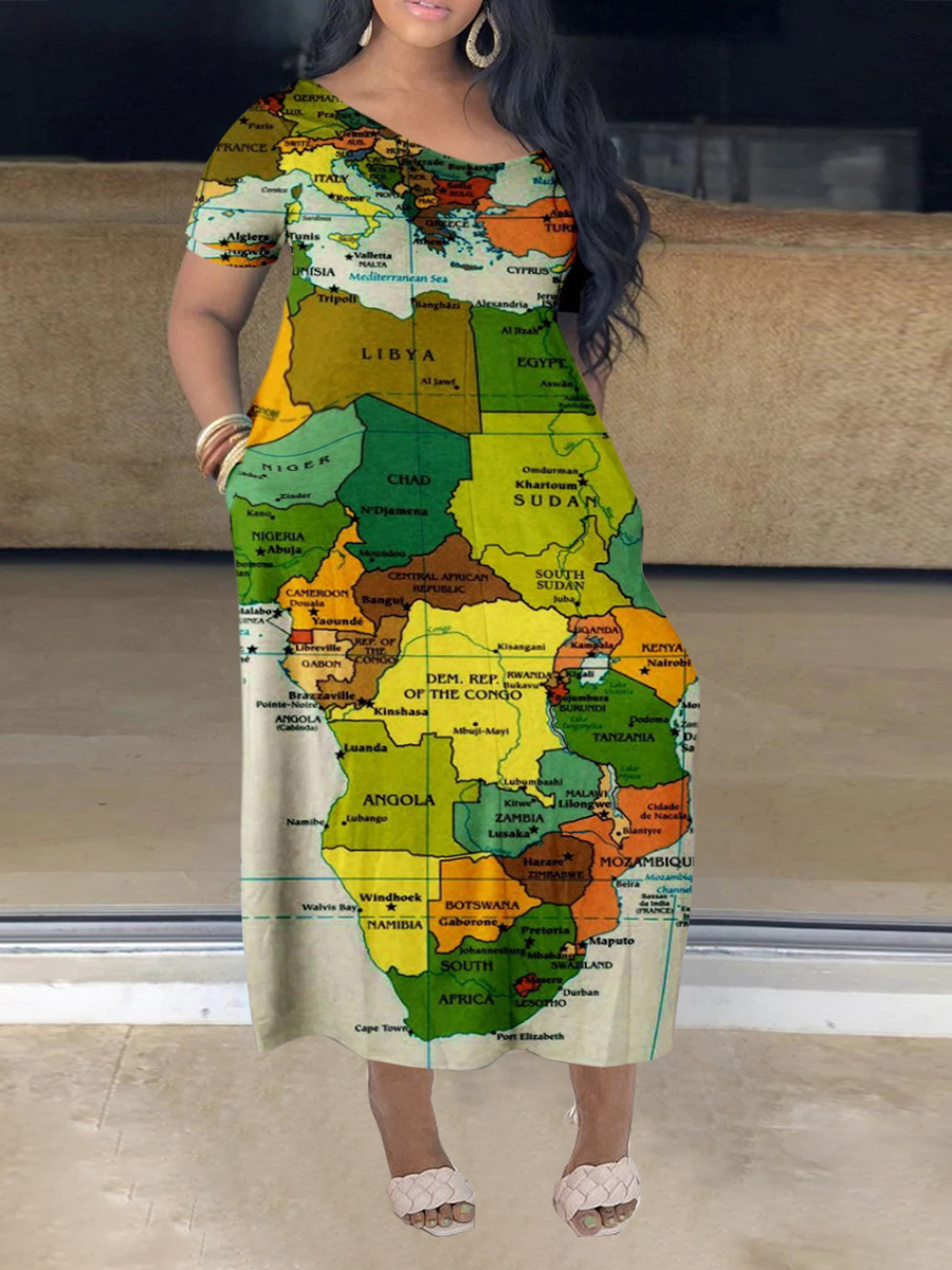 LW Plus Size World Map Letter Print Patchwork Dress