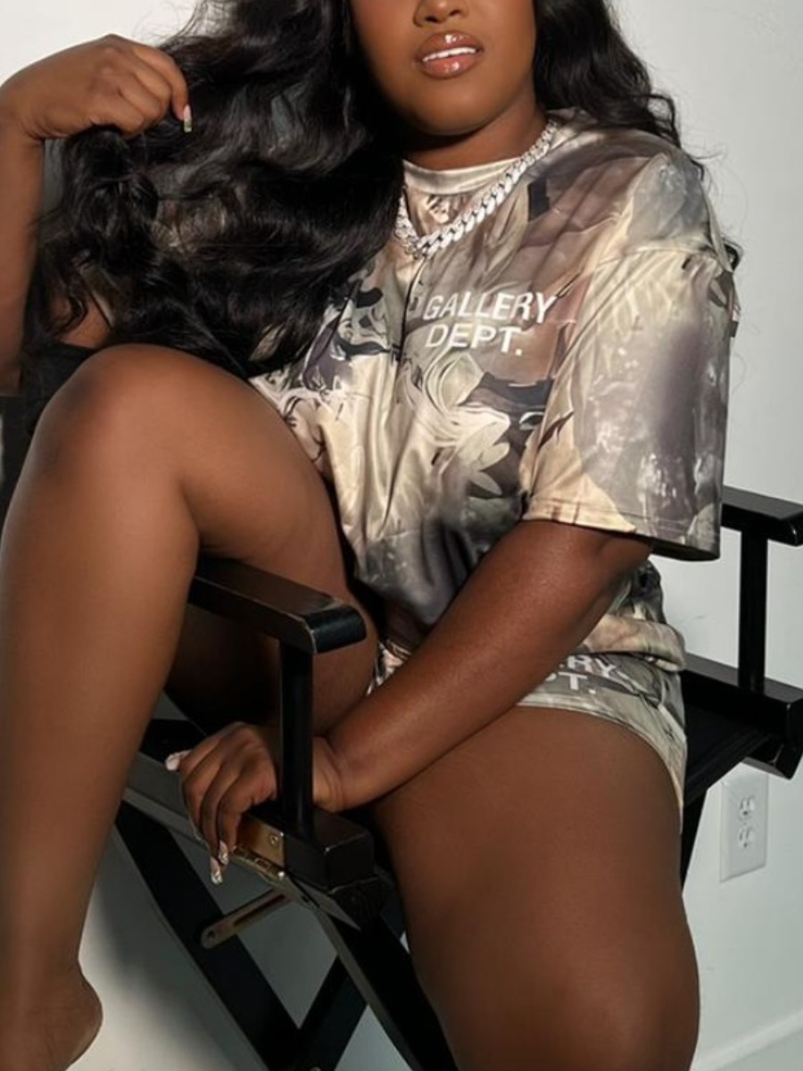 LW Camo Letter Print Loose Shorts Set