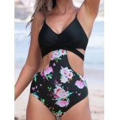 LW Floral Print Tie Back One-piece Swimsuit