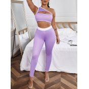 LW Sporty One Shoulder Hollow-out Purple Two Piece