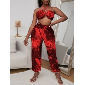 LW SXY Tie-dye Drawstring Red Two Piece Pants Set