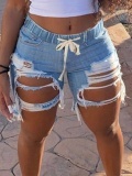 LW Mid Waist Distressed Ripped Drawstring Denim Shorts