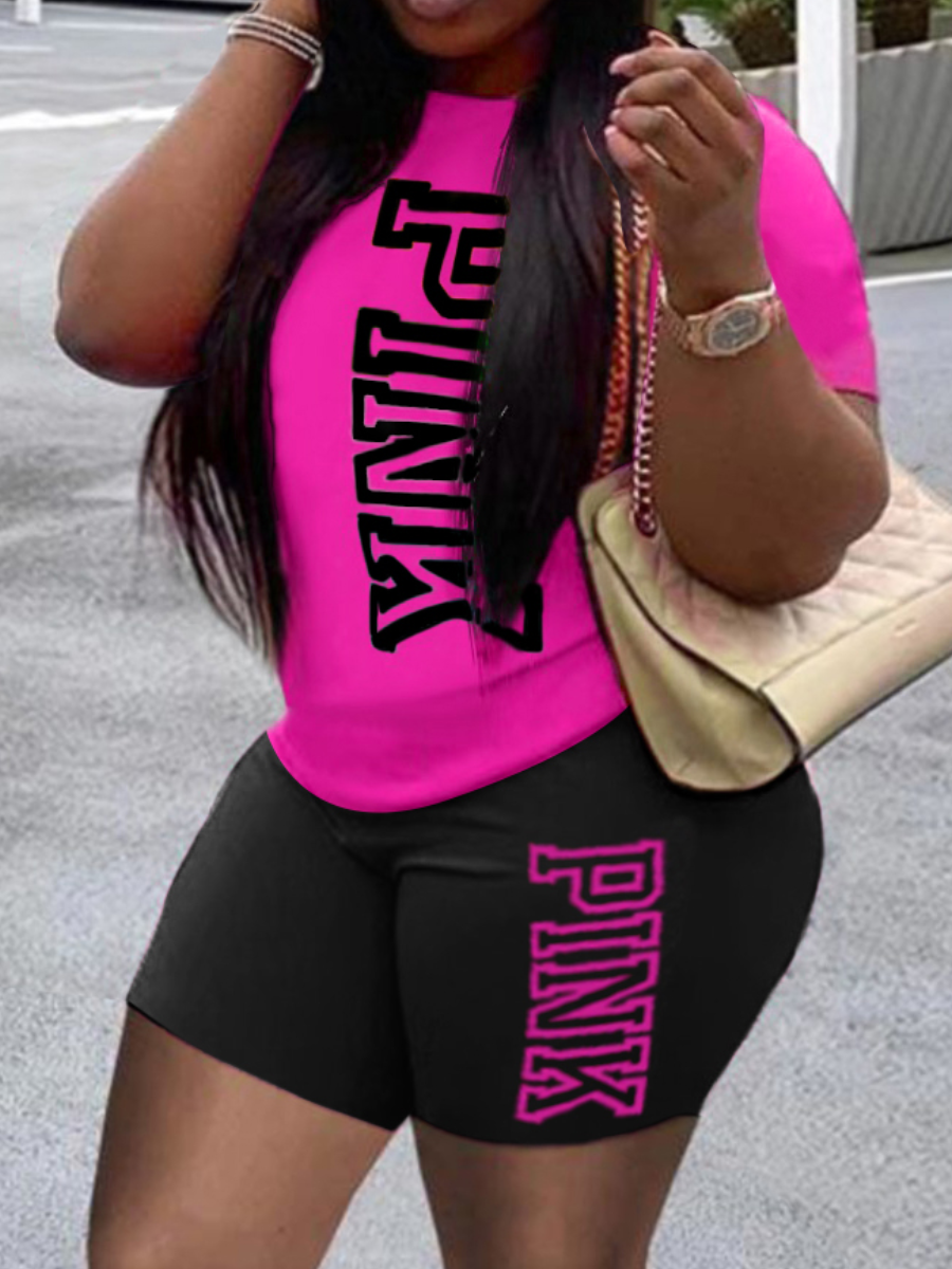 LW Plus Size Pink Letter Print Shorts Set