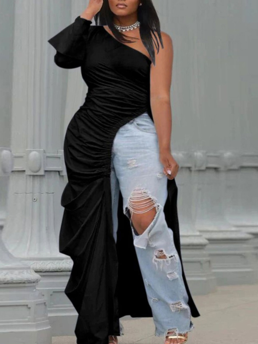 LW SXY Plus Size One Shoulder Ruched High Split Dress