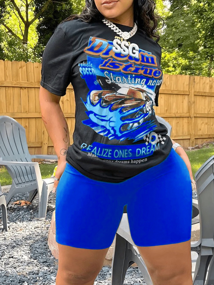 LW Plus Size Racing Car Letter Print Shorts Set