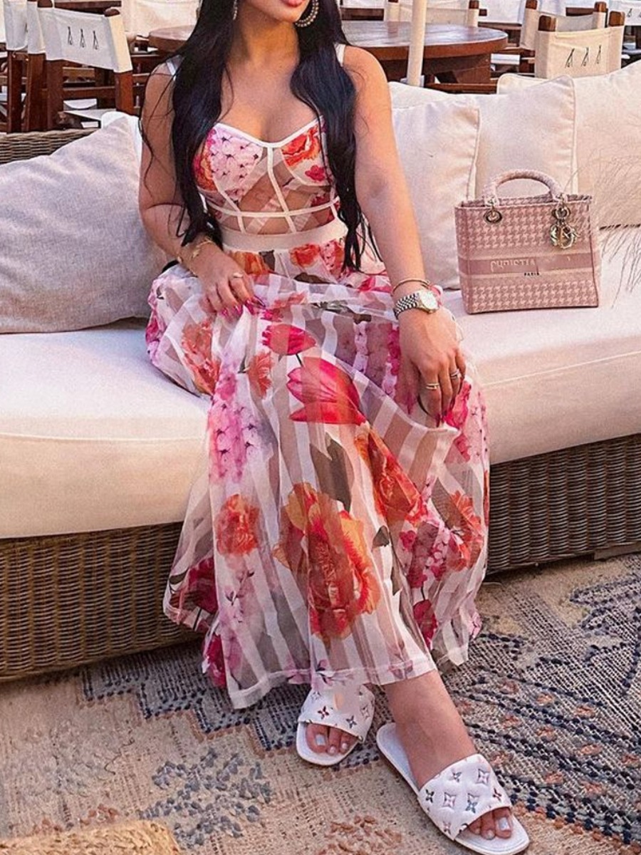 LW Elegant Floral Print Pleated Red Floor Length Dress