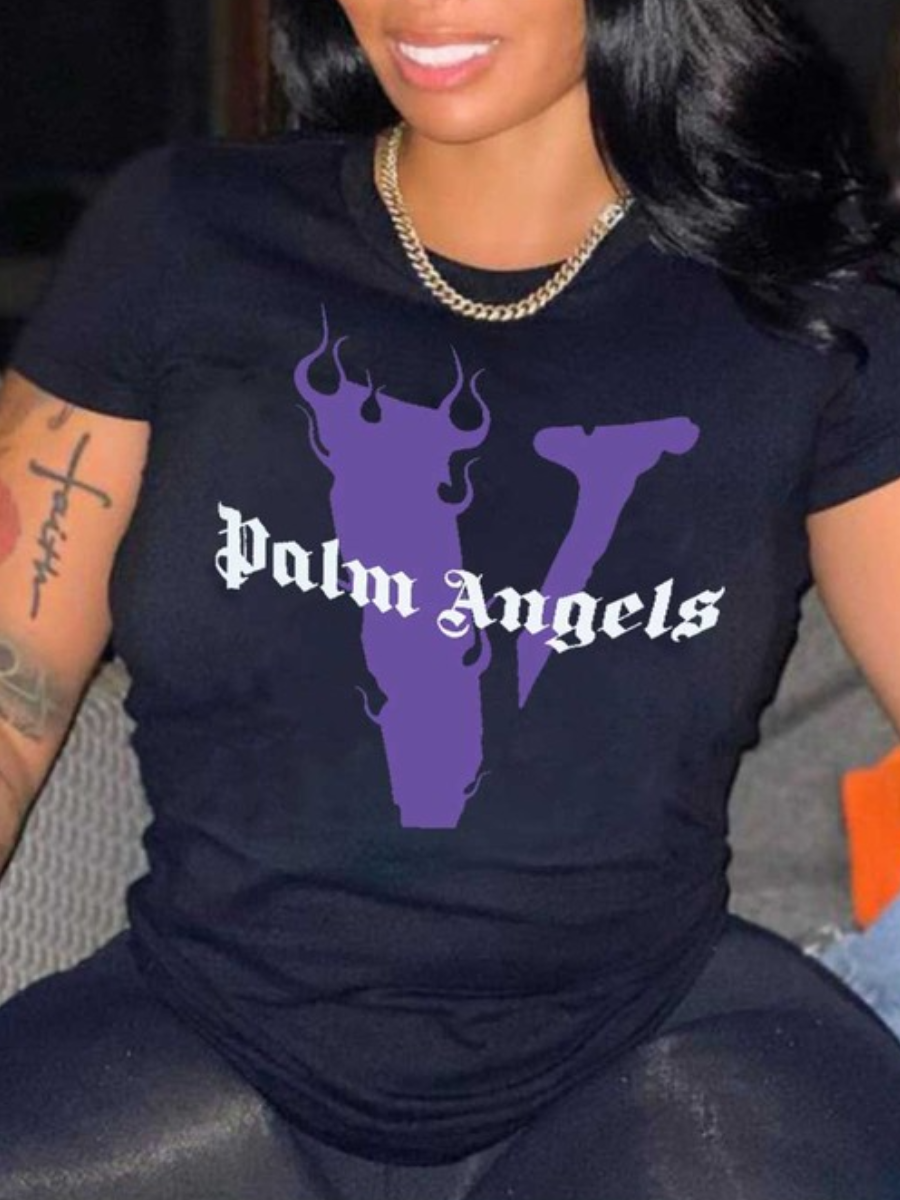 LovelyWholesale COTTON Plus Size Palm Angels Letter Print T-shirt Summer Short Sleeve Casual Pattern Round Neck  4X Spring Summer 2024