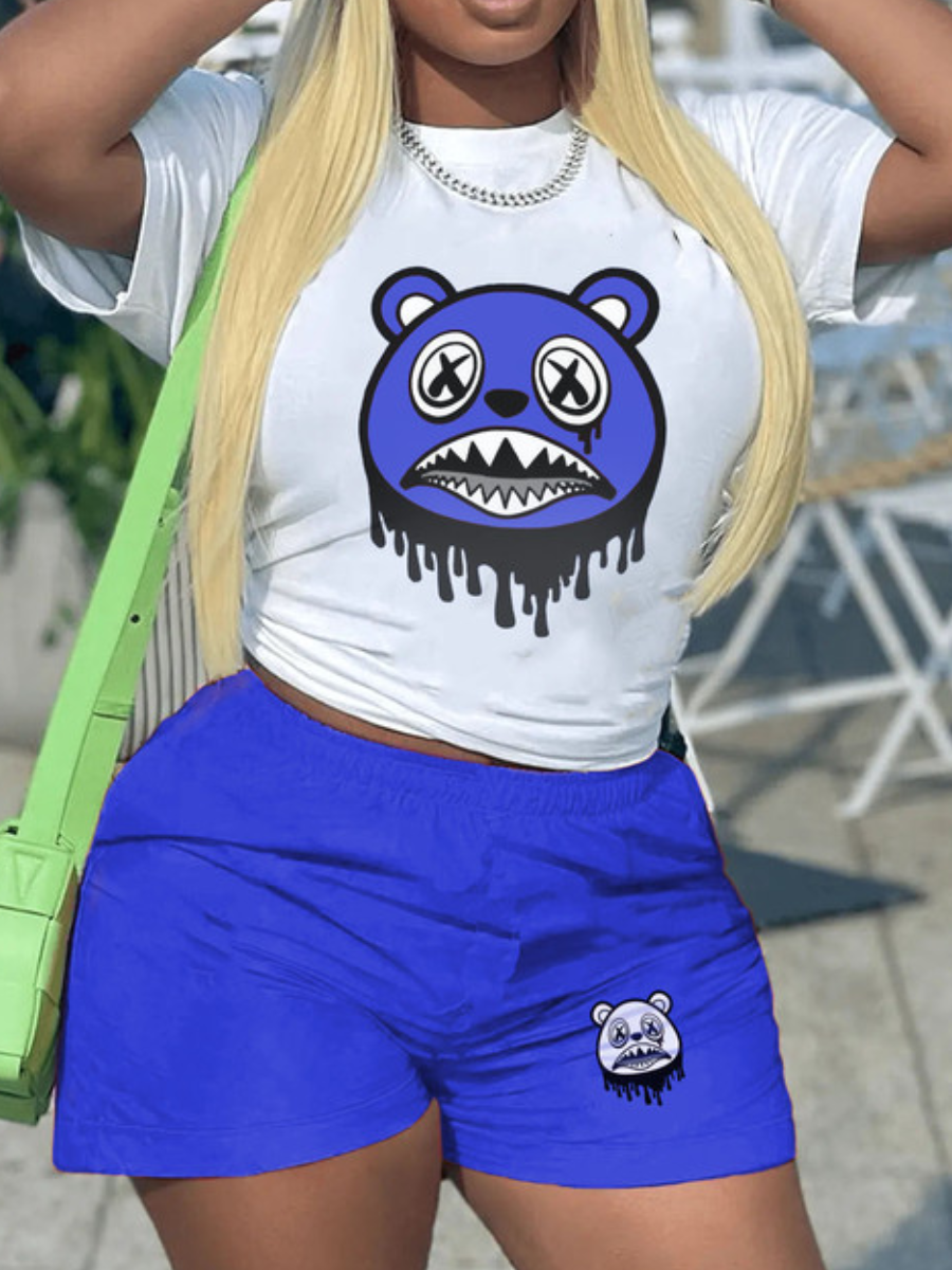 LovelyWholesale Cartoon Print Regular Fit Stretchy Shorts Set Summer Short Sleeve Stylish Round Neck Spring Summer 2024