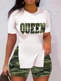 LW Plus Size Queen Camo Print Side Split Shorts Set