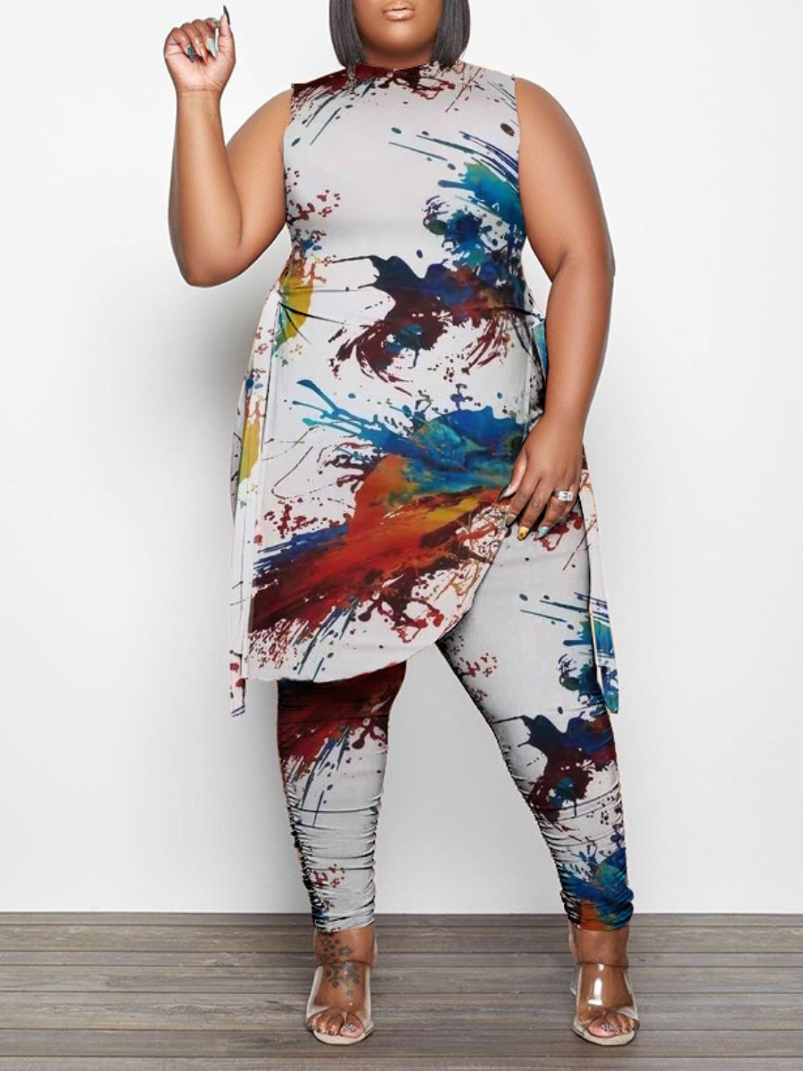 LovelyWholesale Plus Size Splash Ink Bandage Design Side Split Pants Set Spring Sleeveless Casual Round Neck  5X Spring Summer 2024