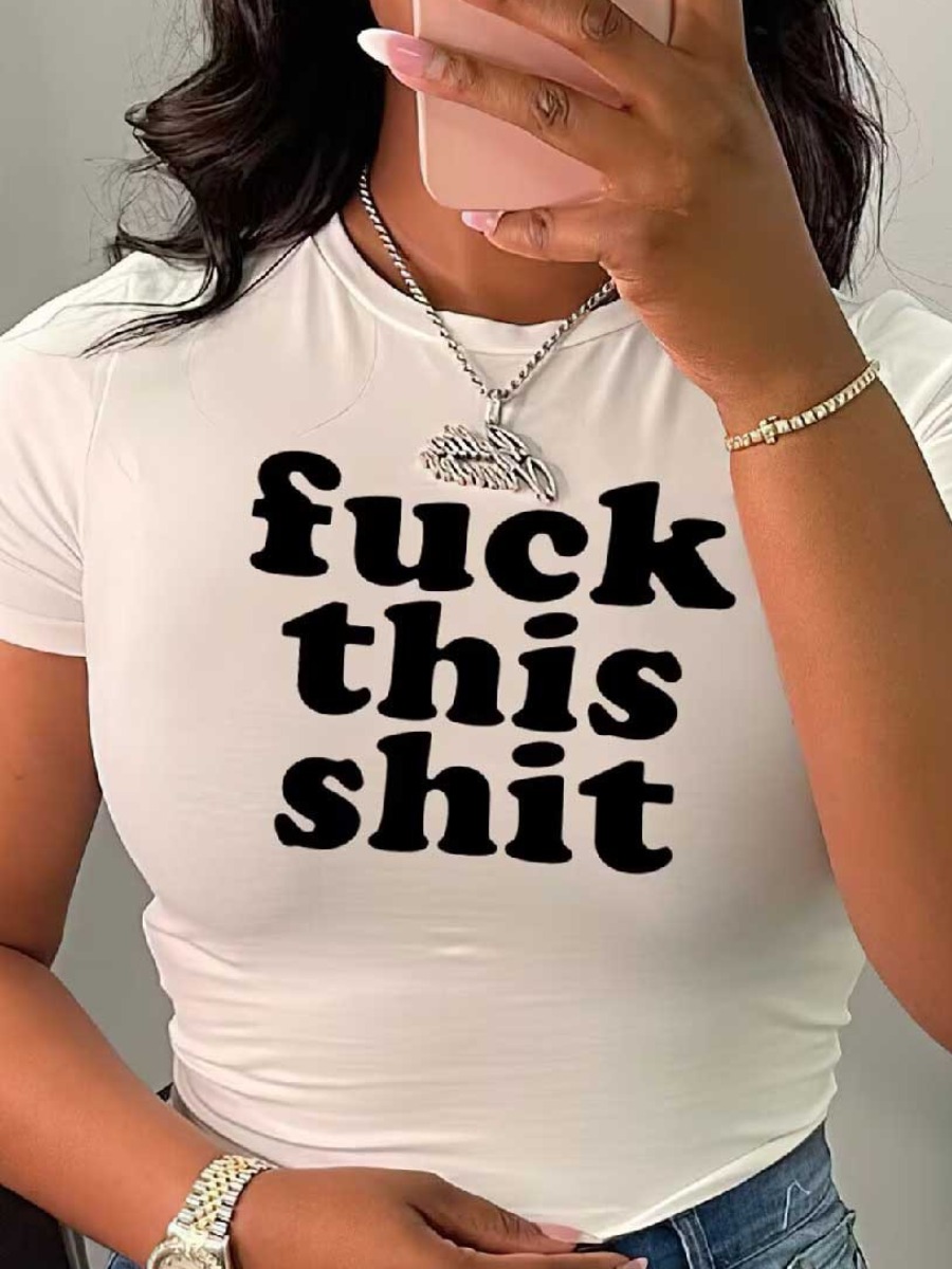 LovelyWholesale Plus Size Letter Print Skinny T-shirt Summer Short Sleeve Casual Round Neck  5X Spring Summer 2024